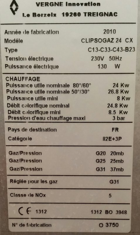 Spécifications de la chaudière à condensation